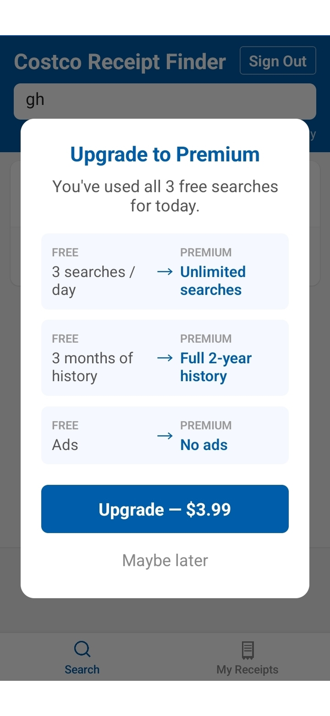 Upgrade to Premium paywall shown after the daily free search limit is reached