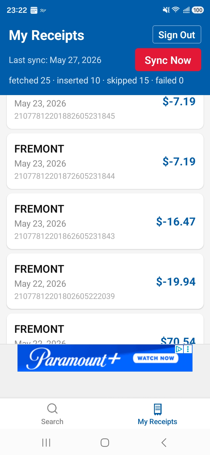 Synced receipts list showing warehouse, date, and total for each visit