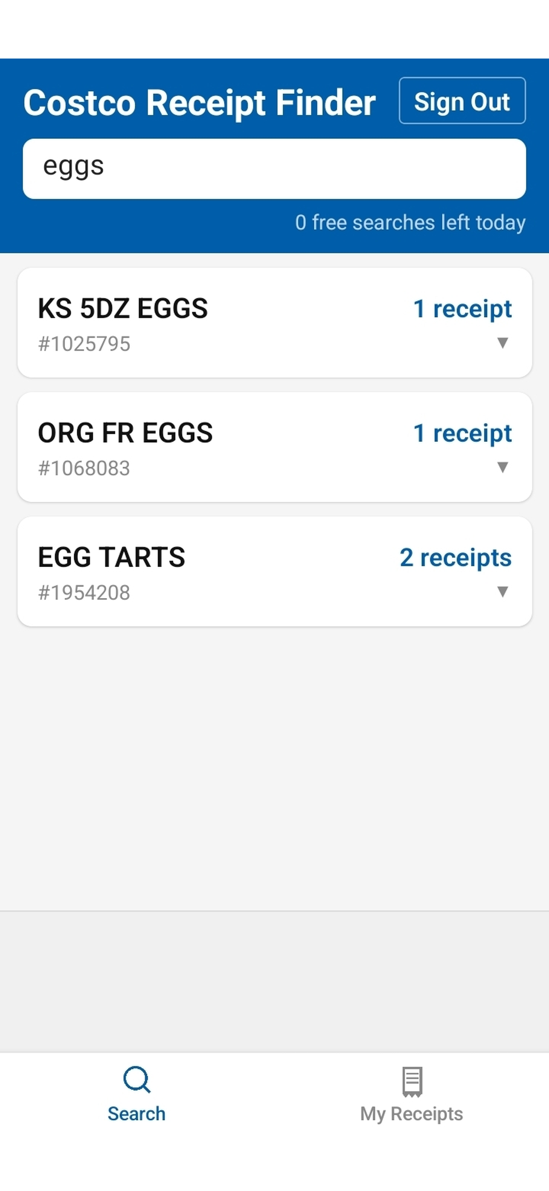 Fuzzy search results for "eggs" grouped by item, showing receipt counts